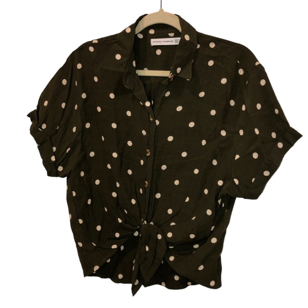 Faithfull the Brand Army olive green polka dot tie front top 4